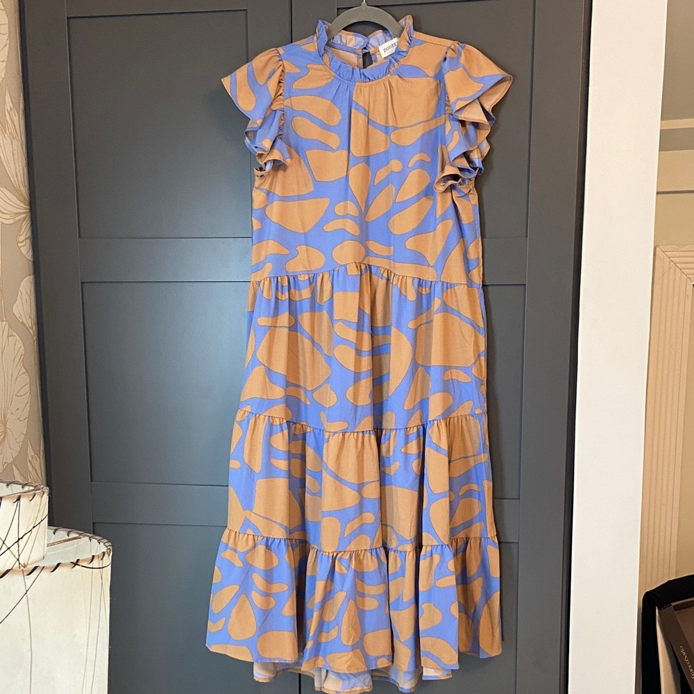 Stylish Blue and Tan Ruffle Dress